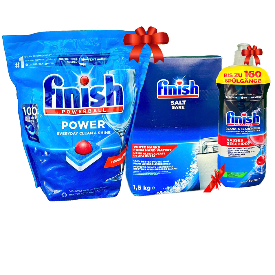 Combo 1 Túi Viên rửa Finish 100V All in 1 + 1 Muối Finish 1.5kg + 1 Dầu bóng Finish 800ml