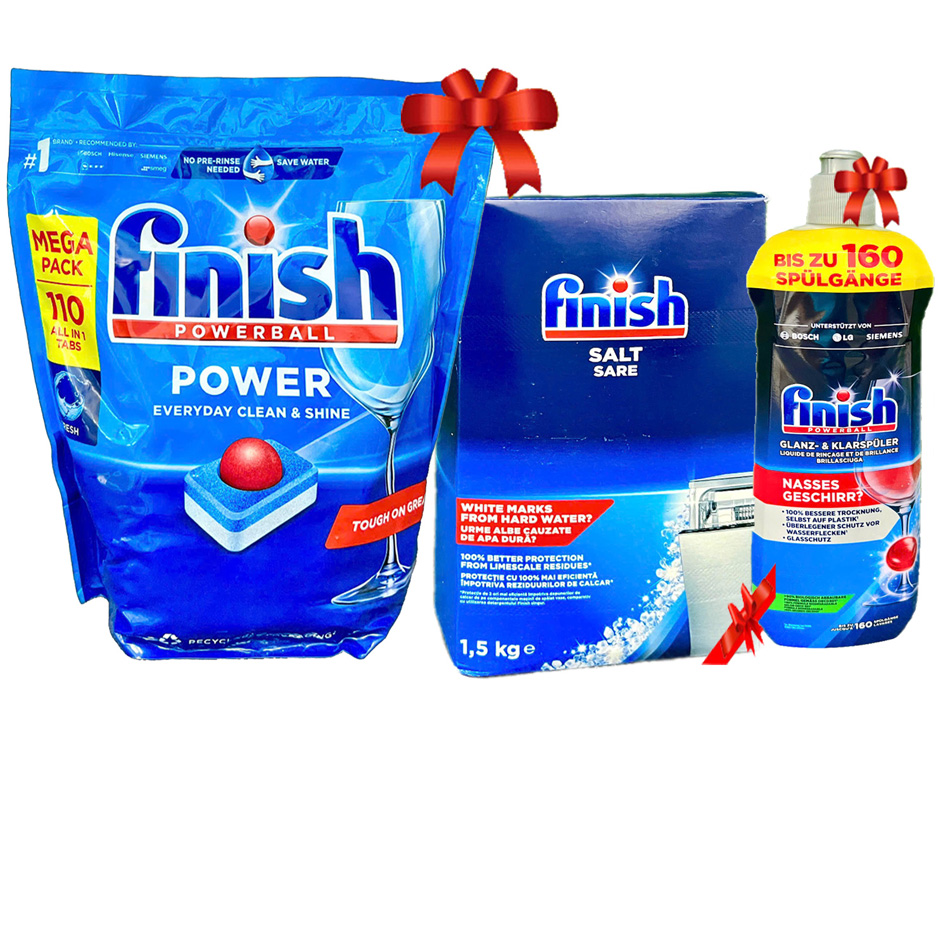 Combo 1 Túi Viên rửa Finish 110V All in 1 + 1 Muối Finish 1.5kg + 1 Dầu bóng Finish 800ml