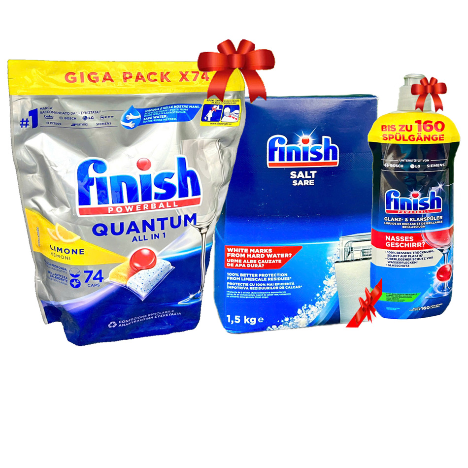 Combo 1 Túi Viên rửa Finish 74V Quantum + 1 Muối Finish 1.5kg + 1 Dầu bóng Finish 800ml