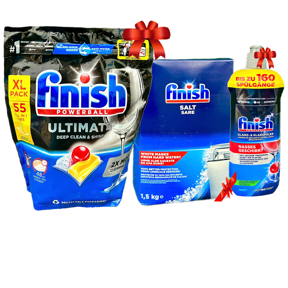 Combo 1 Túi Viên rửa Finish 55V Ultimate + 1 Muối Finish 1.5kg + 1 Dầu bóng Finish 800ml